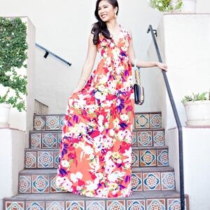 Yumi Kim Floral Maxi Dress Silk Orange Pink Vacation Summer Wedding Guest Small